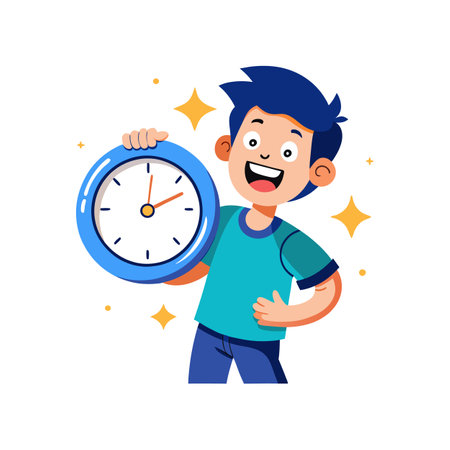 Happy Boy Showing Time on Clock, Efficiency Conceptのイラスト素材
