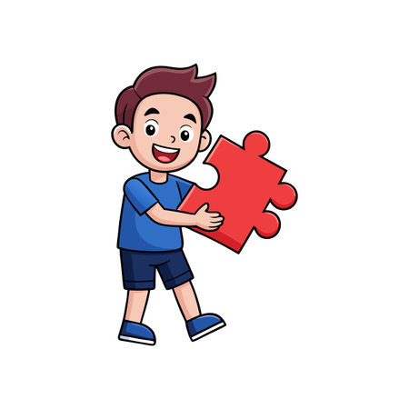 Cartoon Boy Holding Red Jigsaw Puzzle Piece Smilingのイラスト素材