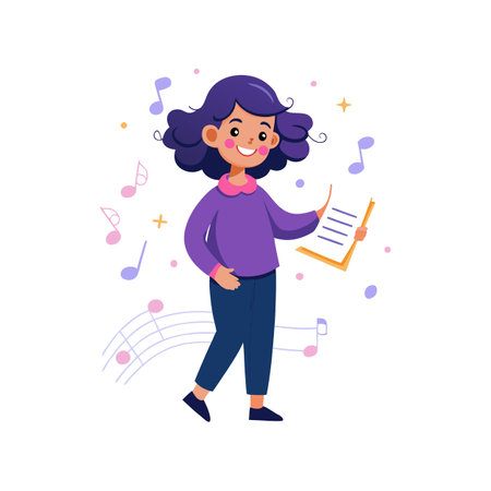 Girl with Music Notes, Singing with sheet music illustrationのイラスト素材