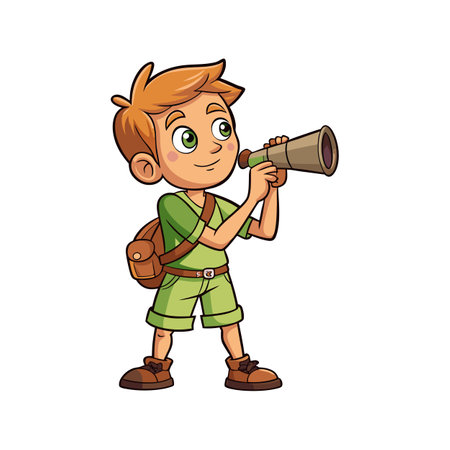 Cartoon explorer boy with spyglass on white backgroundのイラスト素材