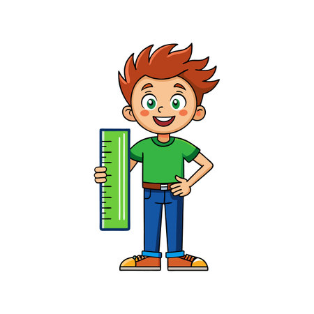 Cartoon boy with ruler measuring, learning and growingのイラスト素材