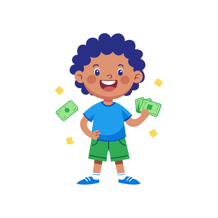 Happy boy holding money, illustration of successのイラスト素材