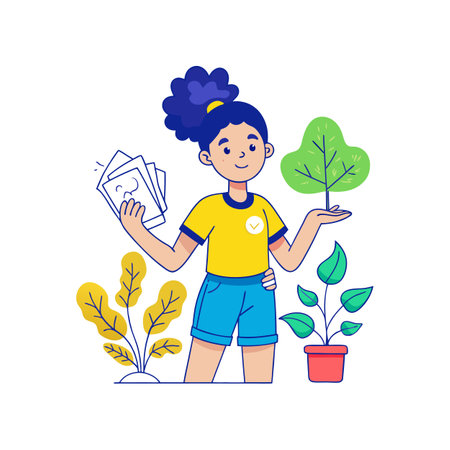 Girl Holding Tree and Photos with Potted Plantのイラスト素材