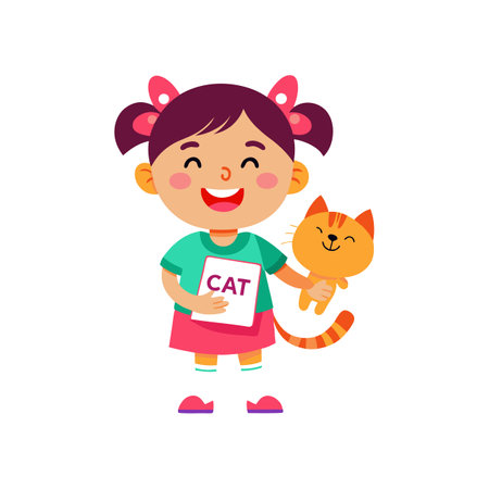 Cute girl and her happy cat cartoon illustrationのイラスト素材