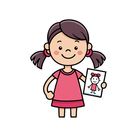 Cute girl cartoon holding her own stick figure drawingのイラスト素材