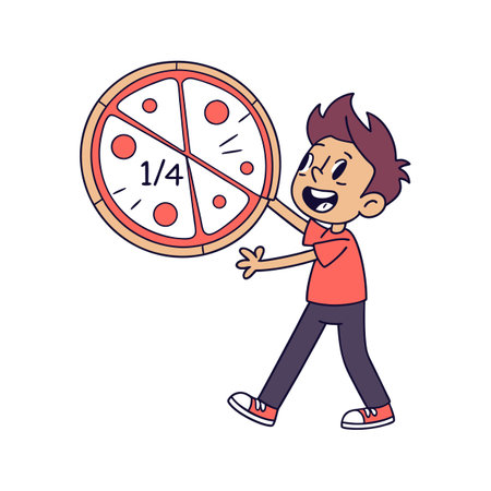 Cartoon Boy Explaining One Fourth Slice of Pizzaのイラスト素材