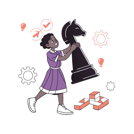 Strategic Planning: Woman with chess knight, ideas and gearsのイラスト素材