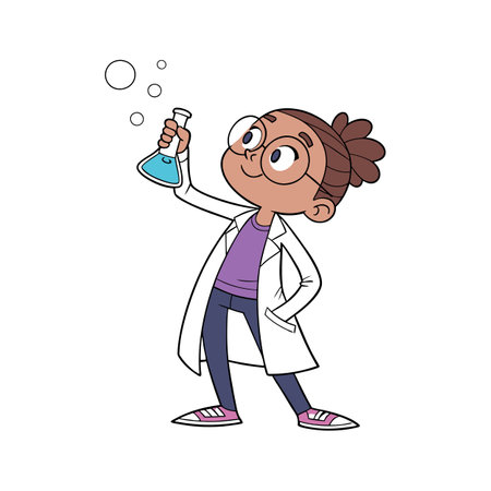 Cartoon scientist girl holding flask with blue liquidのイラスト素材