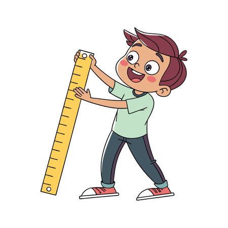 Cartoon boy holding ruler measures distance learning conceptのイラスト素材