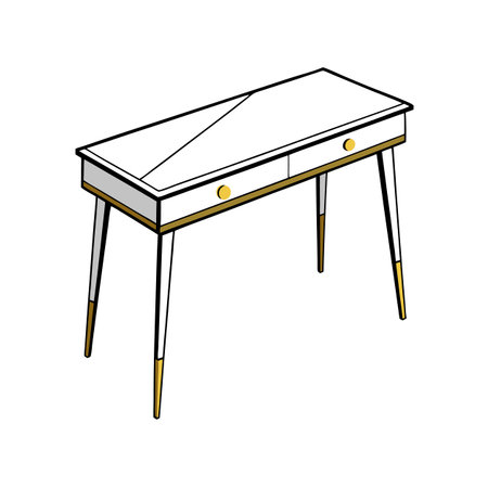 Minimalist white desk with gold accents and two drawersのイラスト素材