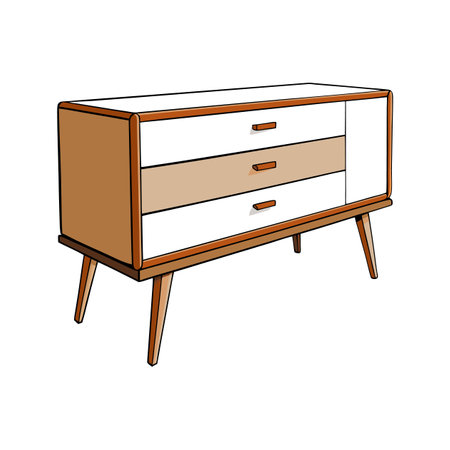Mid-century modern dresser with drawers, brown and whiteのイラスト素材