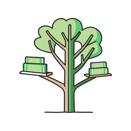 Tree with shelves holding green blocks, a design.のイラスト素材