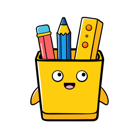 Cute Pencil Holder with School Supplies Cartoon Characterのイラスト素材