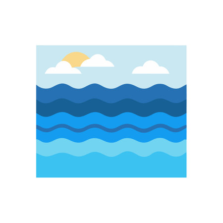 Calm blue sea with sun and clouds illustrationのイラスト素材