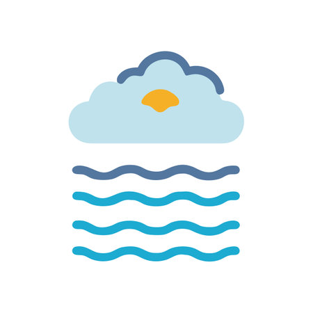 Sun Hiding Behind Cloud Over Wavy Water Illustrationのイラスト素材