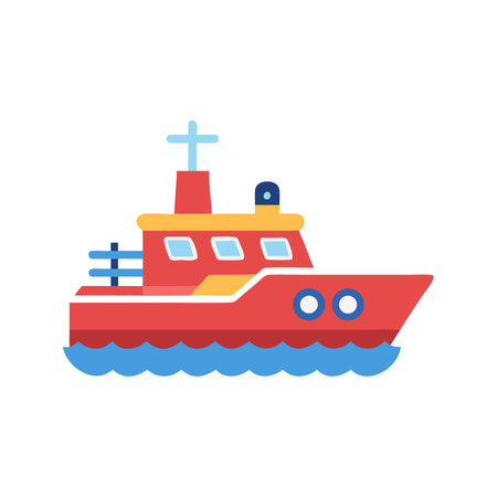 Cartoon Red Boat Floating on Blue Waves Illustrationのイラスト素材