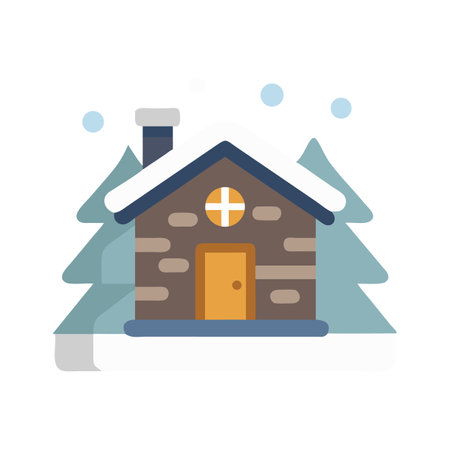 Cute Winter Cabin Surrounded by Snow and Treesのイラスト素材