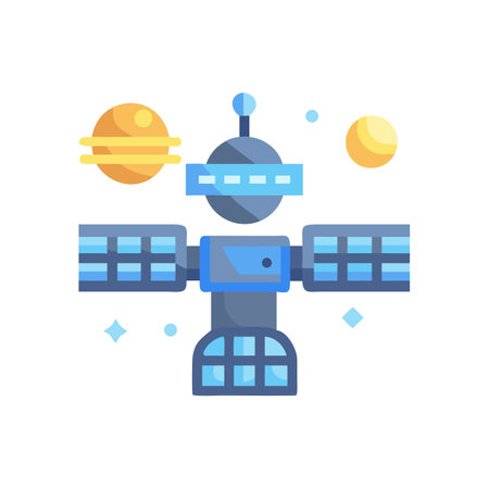 Cartoon Satellite with Planets on Black Background Illustrationのイラスト素材