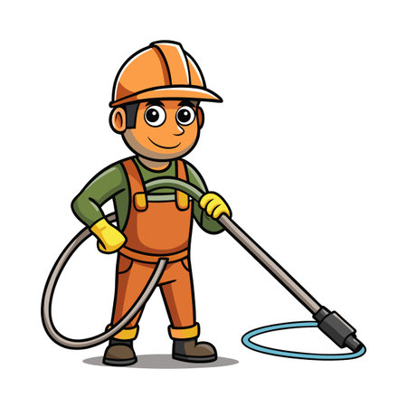 Cartoon construction worker using a pressure washer toolのイラスト素材