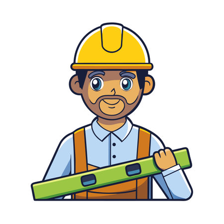 Cartoon Construction Worker with Hard Hat and Levelのイラスト素材