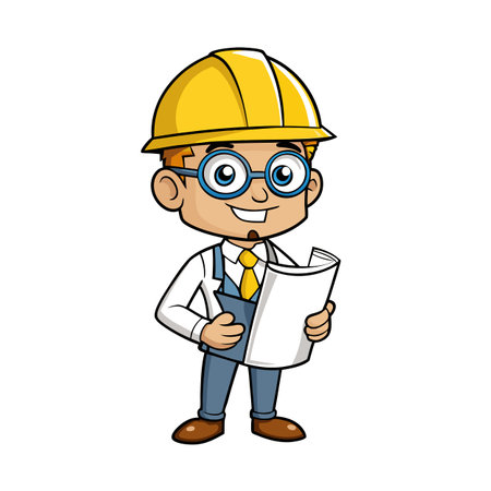 Cartoon Engineer Inspecting Blueprints Wearing Yellow Hard Hatのイラスト素材