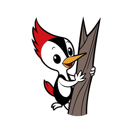Cute Woodpecker Cartoon Clinging to a Brown Treeのイラスト素材