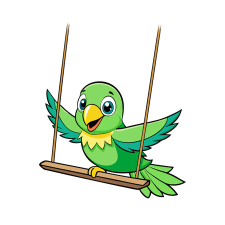 Cartoon green parrot swinging on a wooden swingのイラスト素材