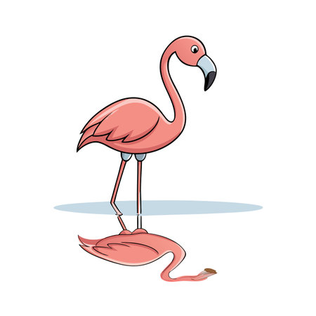Cute Pink Flamingo Cartoon Standing in Water Reflectionのイラスト素材