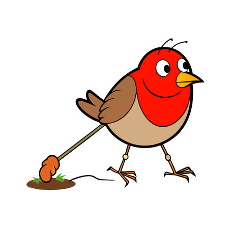 Cartoon Robin Digging a Hole, Bird Illustrationのイラスト素材