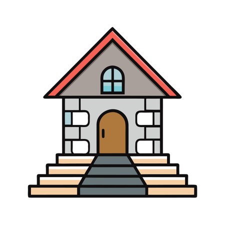 Cute cartoon house with steps and red roofのイラスト素材