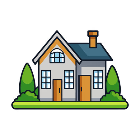 Cute Cartoon House Illustration with Trees and Lawnのイラスト素材