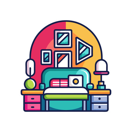 Colorful Cartoon Bedroom Interior Design with Abstract Styleのイラスト素材