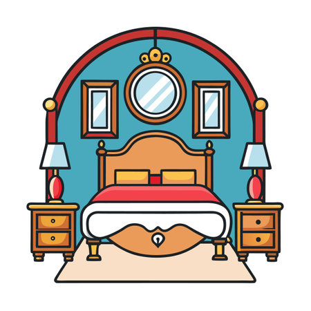 Bedroom Interior Illustration with Archway, Bed, and Furnishingsのイラスト素材