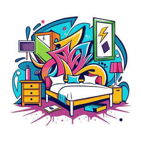 Vibrant Cartoon Bedroom Interior with Graffiti Background Styleのイラスト素材