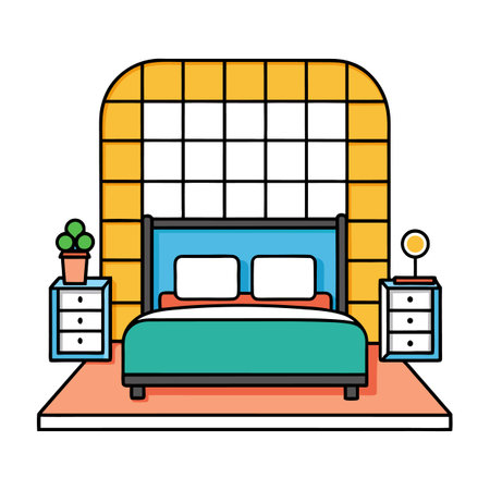 Modern Bedroom Interior with Retro Style Bed Illustrationのイラスト素材