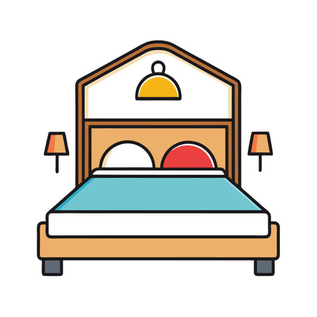 Cozy bed, bedroom icon, furniture, lamps illustration artのイラスト素材