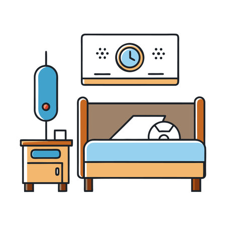 Bedroom icon with bed, nightstand and wall clockのイラスト素材