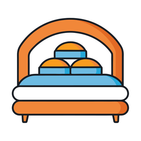 Cute bed cartoon icon with rounded orange frameのイラスト素材
