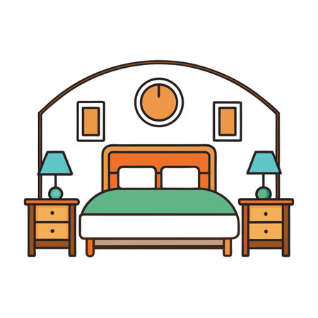 Colorful bedroom cartoon illustration with furniture and decoration.のイラスト素材