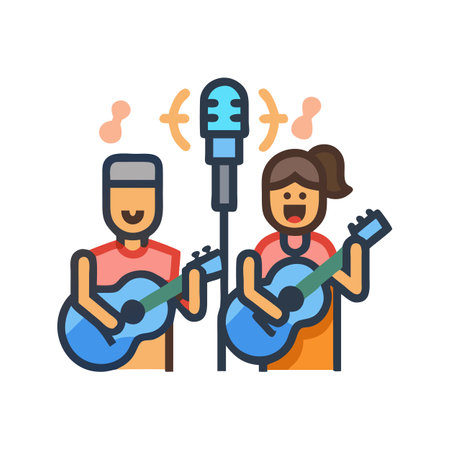Cartoon Musicians Performing with Guitars and Microphone Imageのイラスト素材