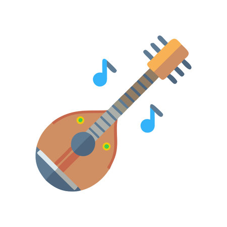 Cartoon mandolin and music notes on a black backgroundのイラスト素材