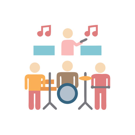 Cartoon music band with conductor, drummer, and percussionのイラスト素材