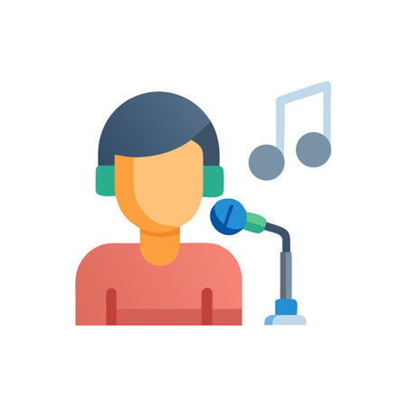 Person singing karaoke with microphone and music notesのイラスト素材