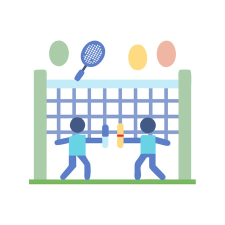 Whimsical badminton game: two players, net, and racket.のイラスト素材