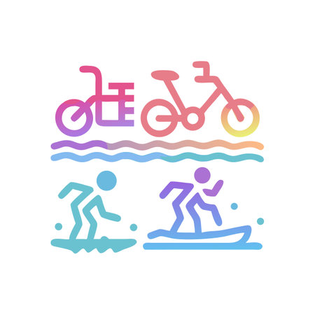 Beach Vacation Activities Icons: Cycling, Swimming, Surfing Setのイラスト素材