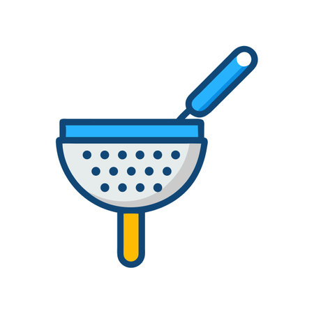 Blue and yellow kitchen colander with handle iconのイラスト素材
