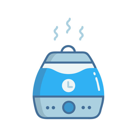 Blue air humidifier with steam, on black backgroundのイラスト素材