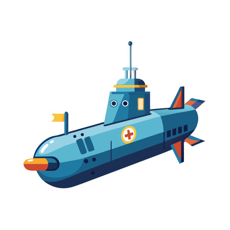 Cartoon Style Blue Submarine with Red Cross Illustrationのイラスト素材