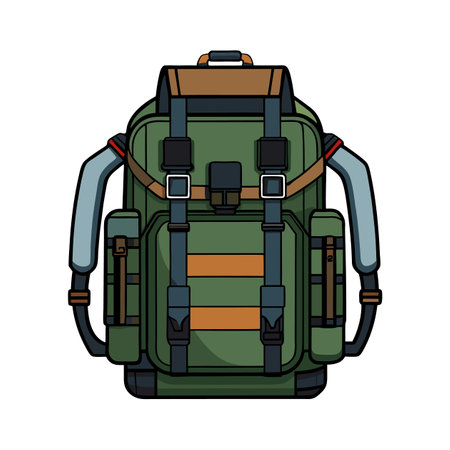 Green and brown hiking backpack with straps illustrationのイラスト素材