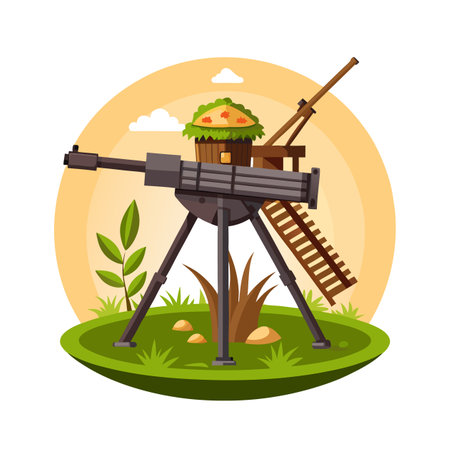 Cartoon Illustration of a Defense Treehouse with Machine Gunのイラスト素材